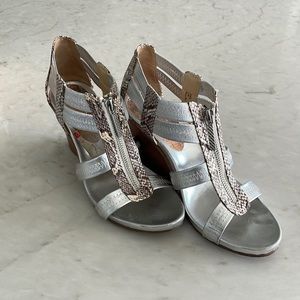 Silver and faux snake skin wedge sandals